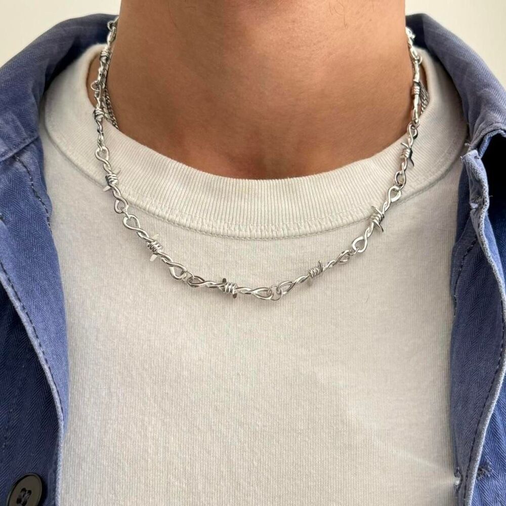 y2k style silver barbwire thorn emo chain necklace